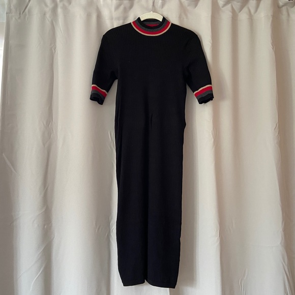 Vintage Dresses & Skirts - Ribbed mock neck black dress with stripe detail